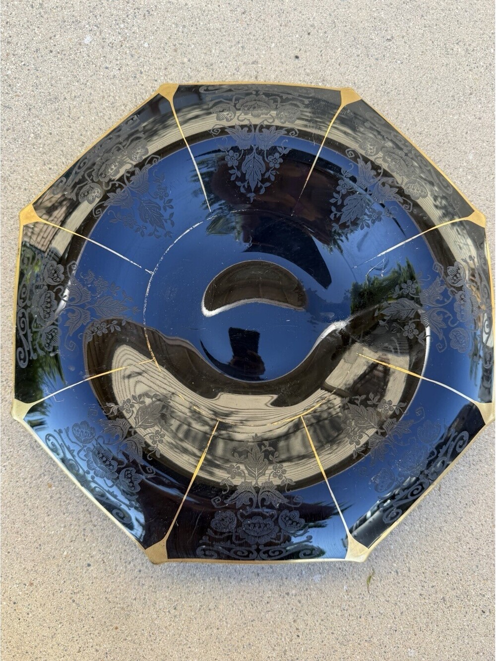 Antique Art Deco Octagonal Black Glass Decorative Plate Bowl Gold Accents